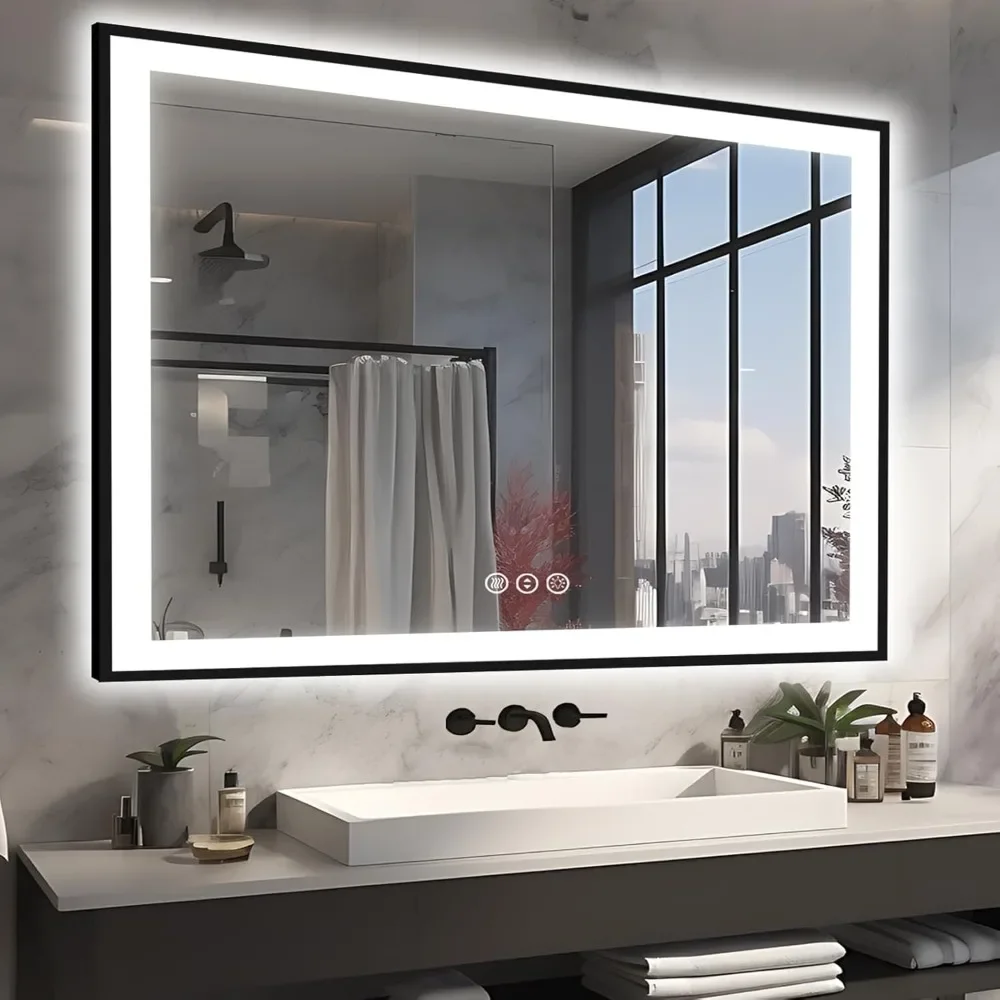 51x40 Bathroom Light Up Mirror, Black Double Bright Lights Mirror Anti-Fog Vanity Mirror with Lights, Stepless Dimmable