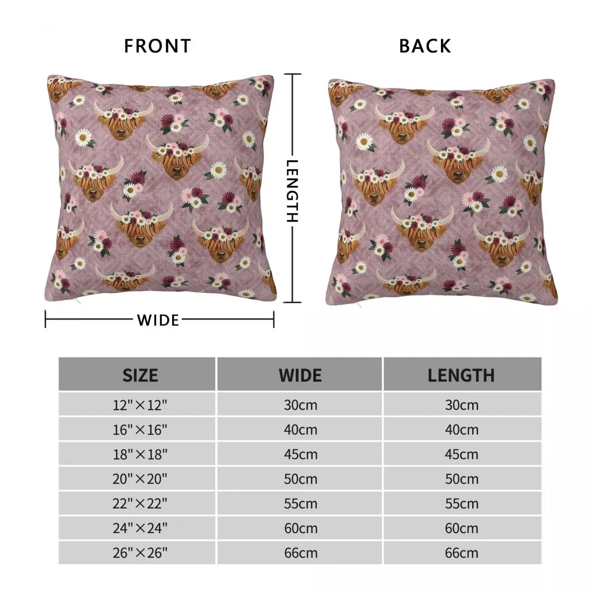 Floral Crowned Highland Cows Mauve Pillowcase Polyester Linen Velvet Creative Zip Decor Pillow Case Car Cushion Cover Wholesale