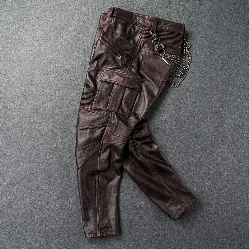 Motorcycle Riding Pants Leather Men's First Layer Cowhide Cargo Pants Vintage Multi Pocket Genuine Leather Pants