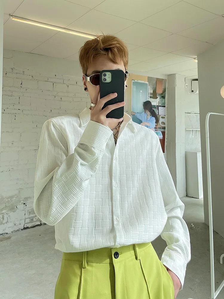 

Loose Fit Long Sleeve Men's Shirt Green Fashionable Casual Fashion Textured Design Korean Style Hipster High End Feeling