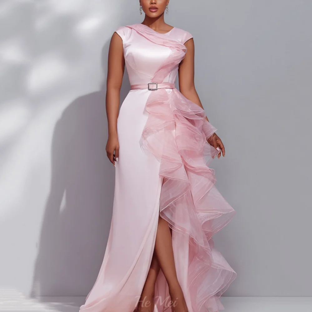 

Elegant Customized A Line Prom Dress Cap Sleeve Evening Gown Split with Belt Modern Style Party Gowns Dress شارون سعيد