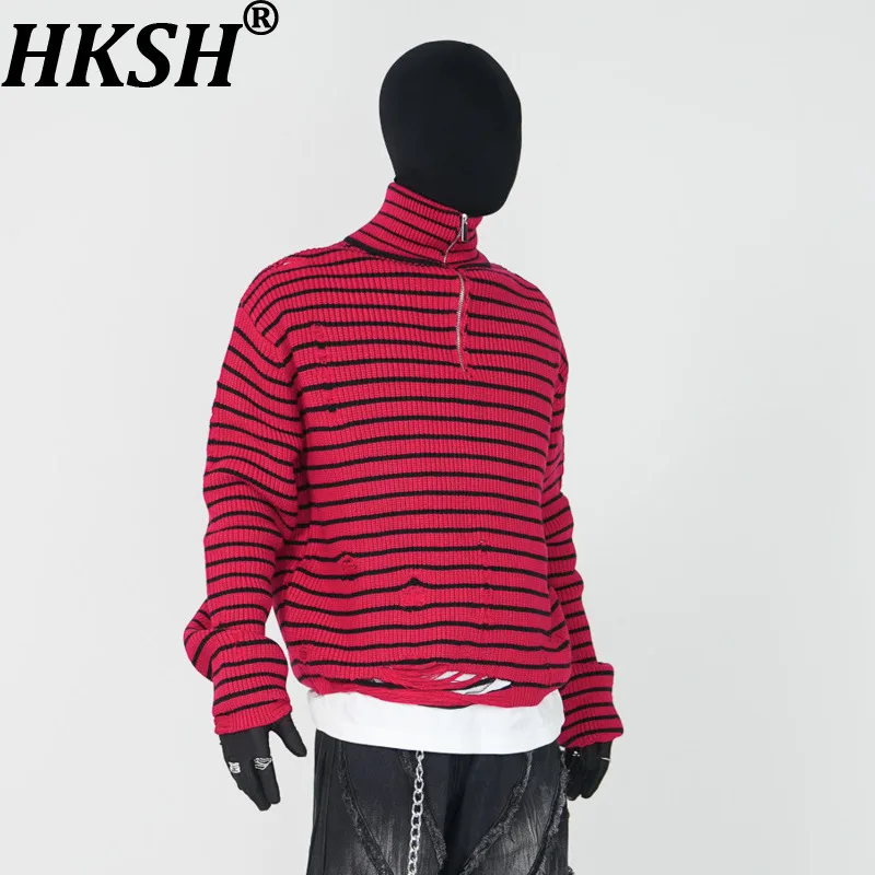 

HKSH Весенне-осенний зимний мужской свитер с воротником-стойкой на молнии, в полоску, красный, вязаный, с бахромой, женский шикарный пуловер HK19428