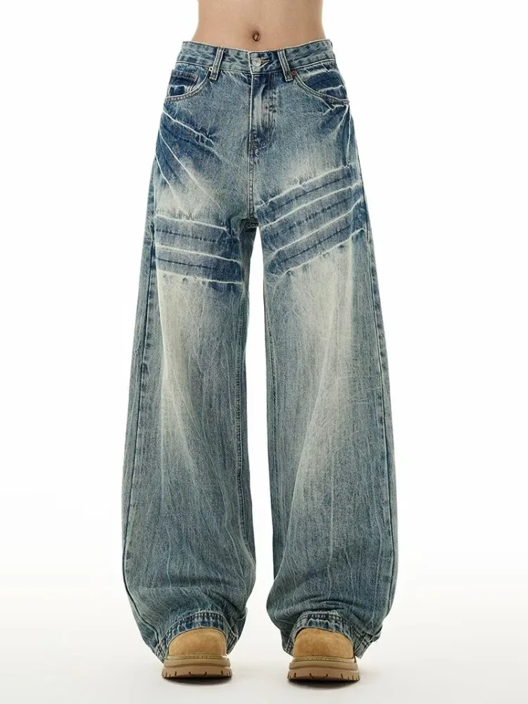 

Men's Fashion Design Baggy Jeans Vintage Blue Personality Youth Streetwear Wide Leg Pants Korean High Street Male Denim Trousers