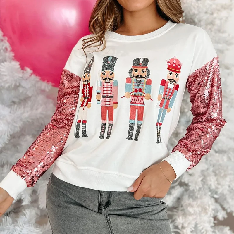 

Nutcracker Sweatshirt Women Christmas Clothes Sequins Soldiers Round Neck Long Sleeve Tops Holiday Party Clothing Streetwear