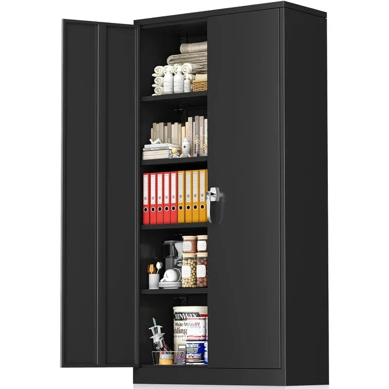 Storage Cabinet, 72” Black Garage Steel Locking Cabinet with Doors and 4 Adjustable Shelves, Tall Lockable File &Tool Cabinet