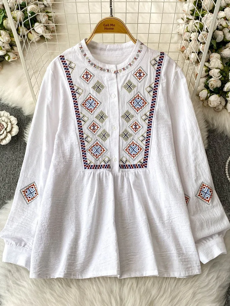 

Slimming Effectiven Ethnic Sle Retro Embroidery round Ne Lantern Sve Loose Women's irt Summer New Arrival