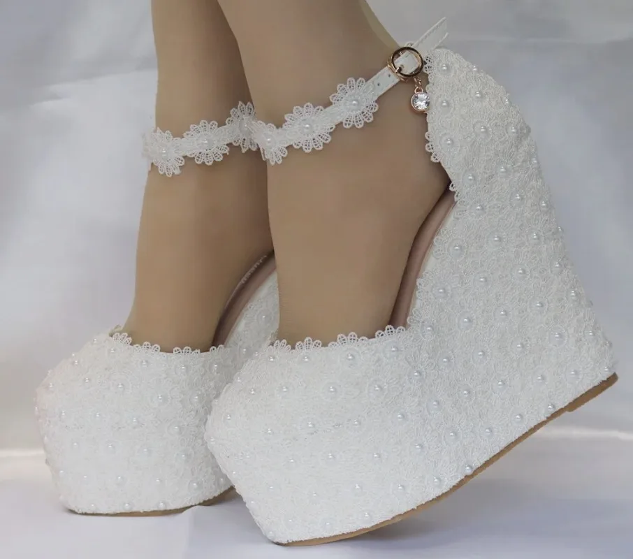 

Fashion Dress Women Pumps Shallow Wedding PU 12CM Wedges Round Toe Buckle Strap White Lace Pearl Pole Dancing Woman Shoes