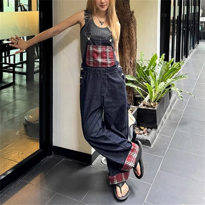 Women's Red Patchwork Checkered Blue Denim Overalls Rompers Girl Suspender Jumpsuits Pant Female Jeans Streetwear Trousers