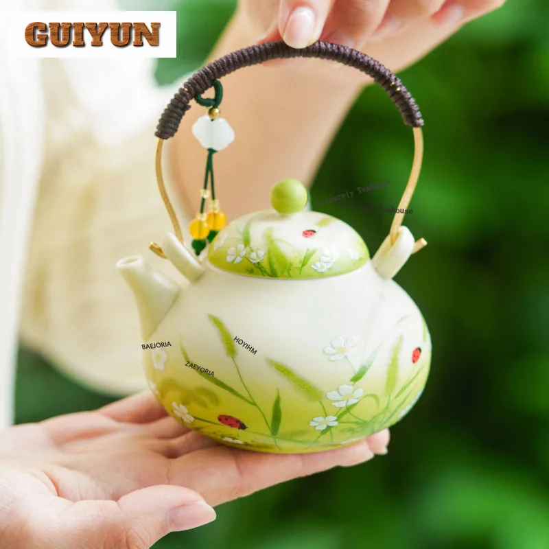 HOYIHM 125ml Decal Ladybird Lifting Handle Teapot Ancient Tea Infuser Pot Household Tea Soaking Kettle With Strainer Ornaments
