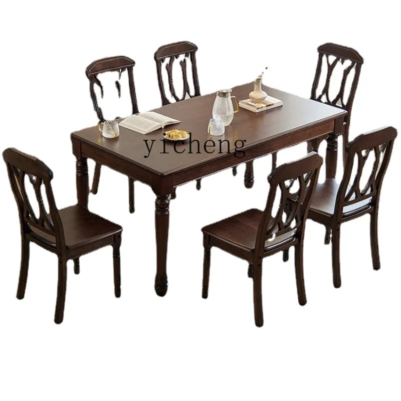

Zk Solid Wood Dining Tables and Chairs Set Rectangular Six-Person Household Small Apartment Dining Table Walnut Wood