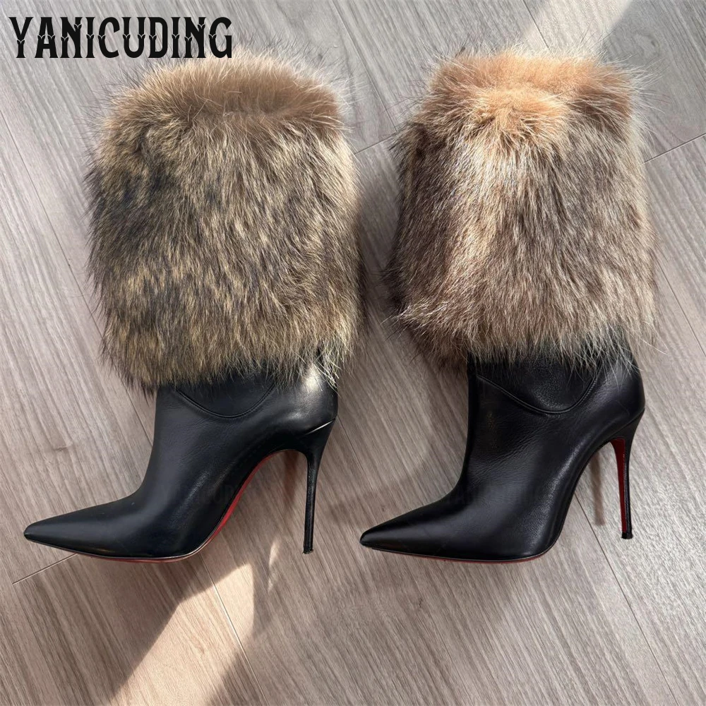

Fox Furry Booties Black PU Leather Pointed Ankle Boots Luxurious Style Winter Warm Boots Sexy Style Stiletto High Heeled Boots