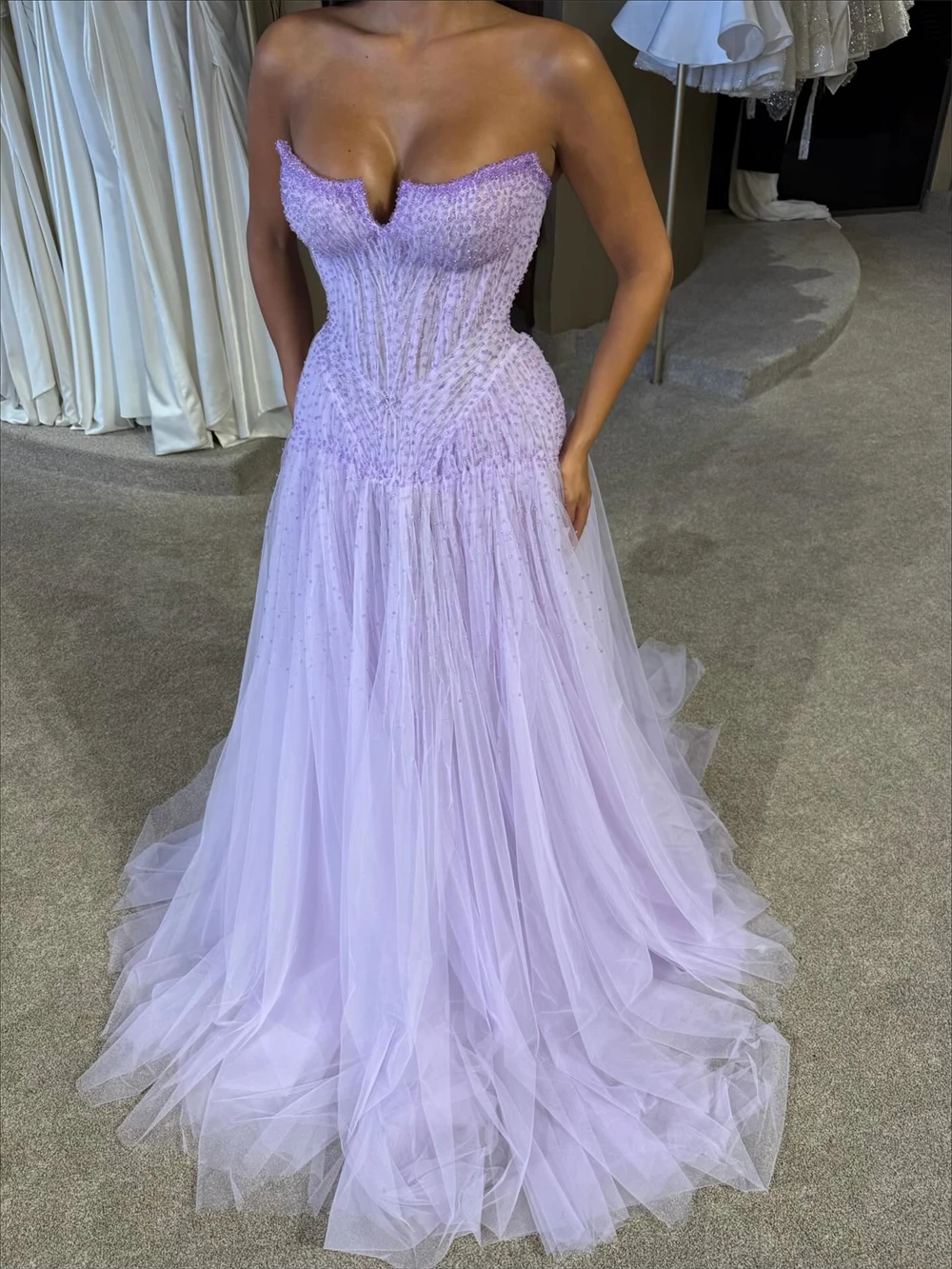 

Customized Boho Purple Organza Evening Dress Formal Sweetheart Sleeveless Celebrity Gowns Soft A-Line Beading Homecoming Dresses