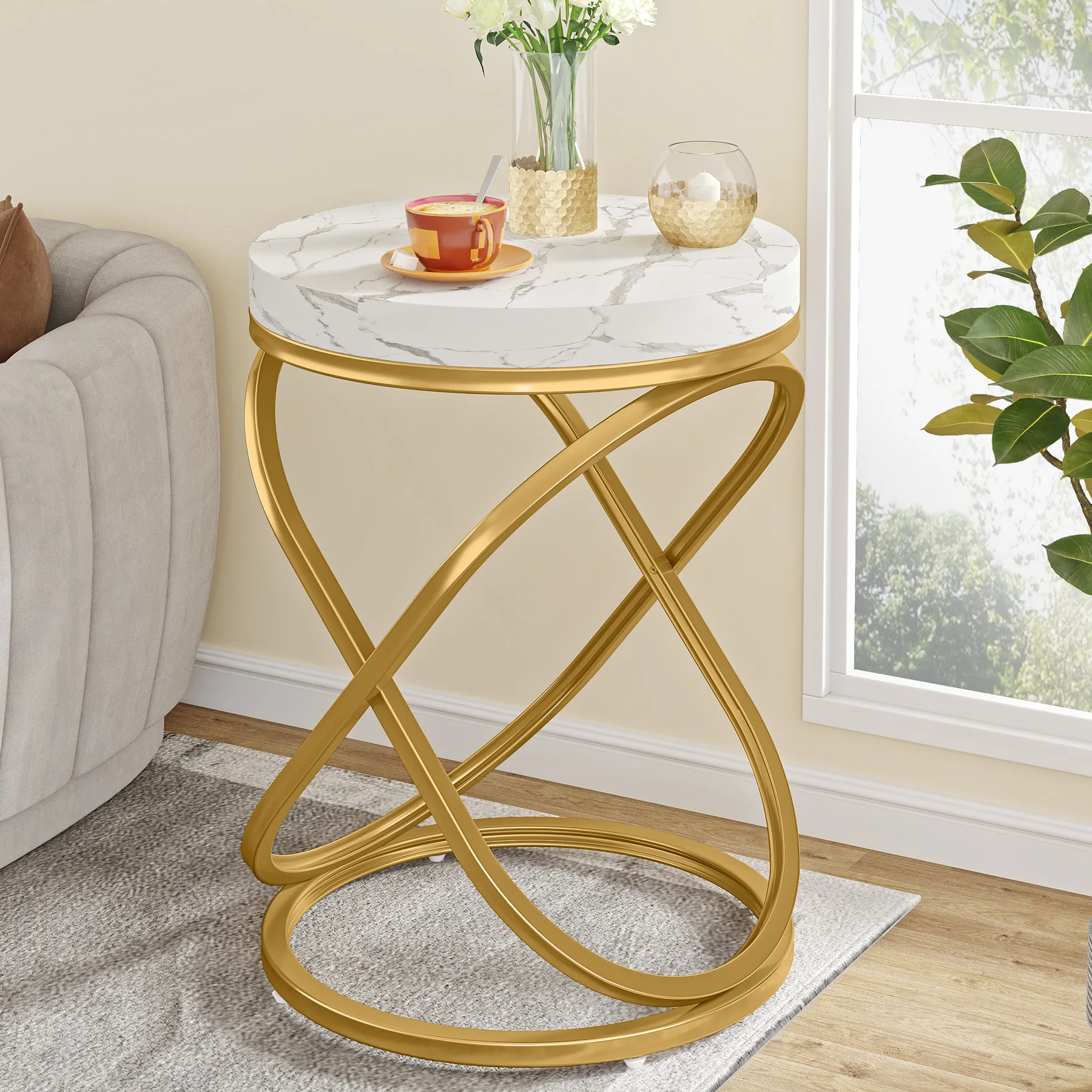 

Tribesigns 26 Inches White and Gold Faux Marble Top End Tables Living Room, Round Nightstands Sofa Side Table with X-Shaped