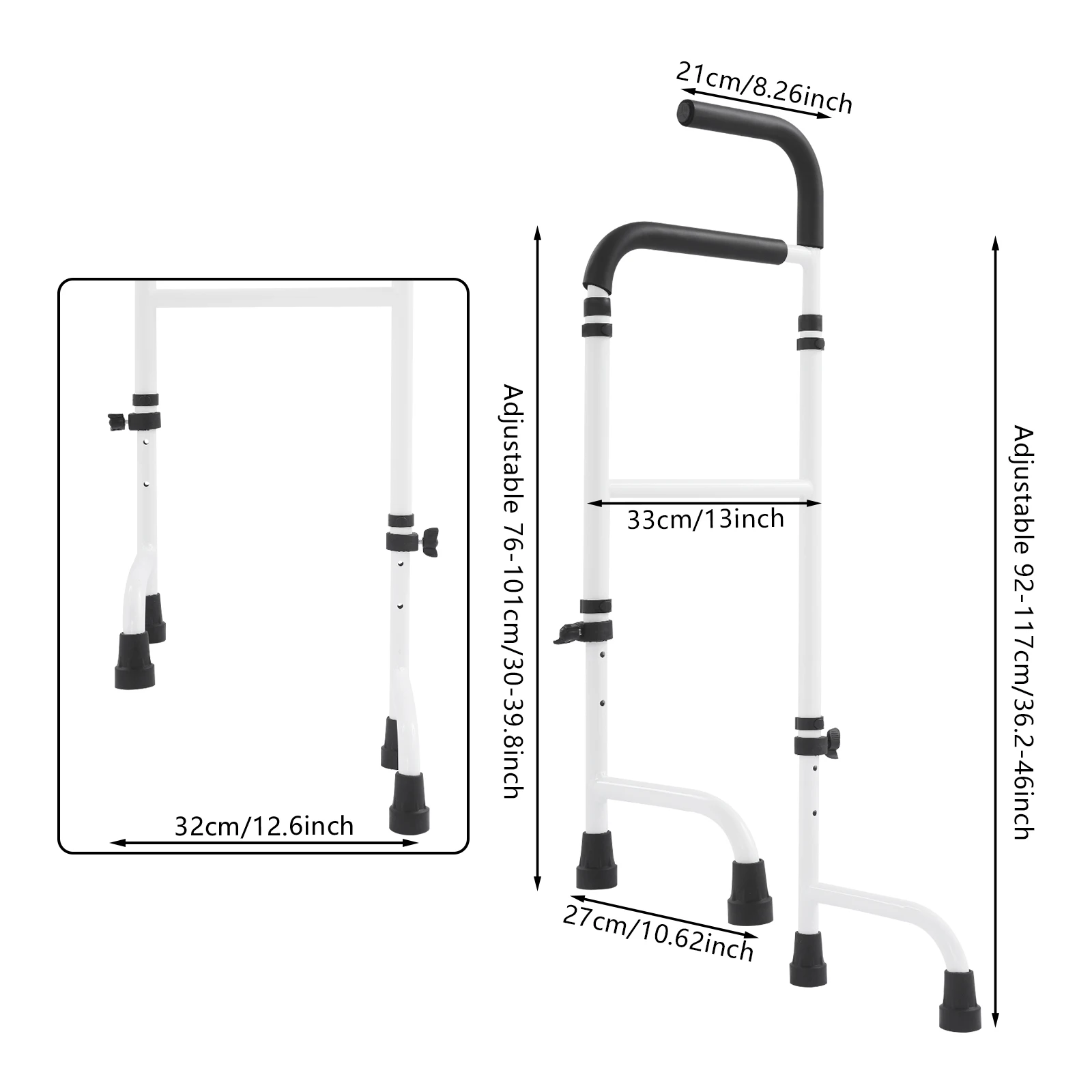 Dual Height Adjustable Stair Climbing Assist Cane, Aluminum Alloy Polyester Sponge TPE 76-117cm 136kg Freestanding Elderly Mobility Accessories, 6 Gear Adjust Knob Ergonomic Soft Handle Anti-slip Stable Foot Caps