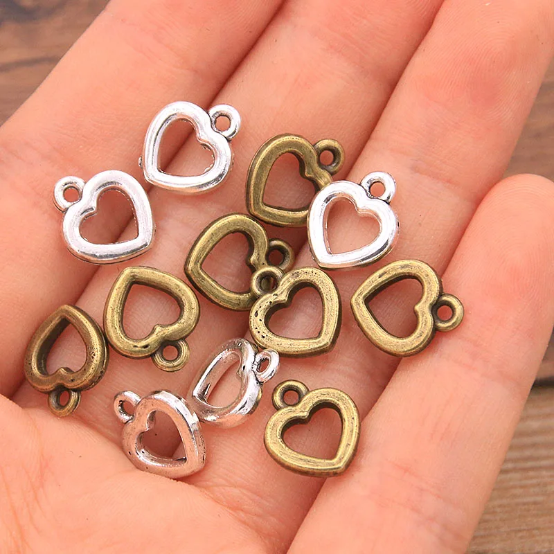 60PCS 10*12mm Metal Alloy Two Color Small Hollow Love Charms Heart Pendants For Jewelry Making DIY Handmade Craft