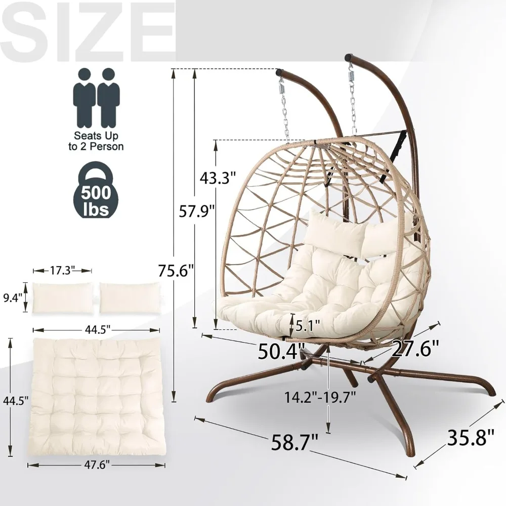 Outdoor Egg Swing Chair with Stand, 2 Person Patio Swing Chairs with Thick Cushions and Pillows, Wicker Double Egg Chair Swing