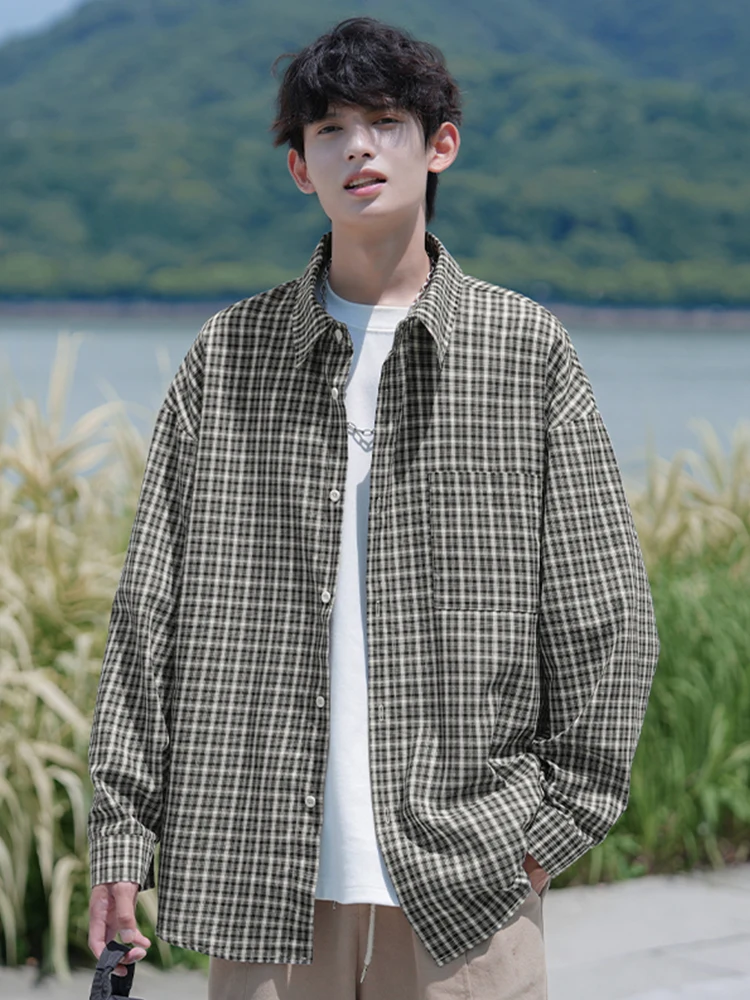 

Preppy Plaid Long Sve irt Men Early Autumn American Retro Trendy Bird Pattern Casual Coat Breathable Polyester Cotton Blend