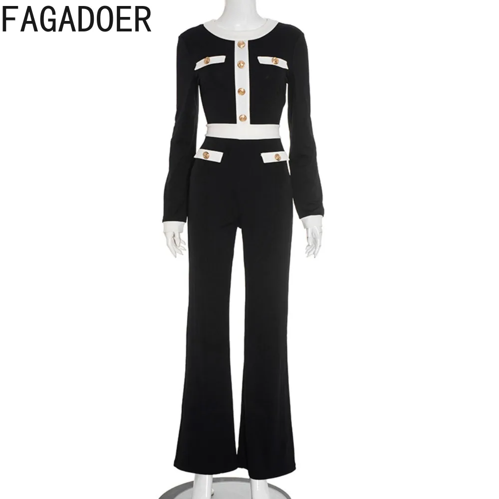 FAGADOER Set Pakaian Wanita Musim Gugur Model Terbaru 2 Potong, Atasan Crop Lengan Panjang Warna Kontras + Celana, Setelan Midnight, Streetwear Wanita