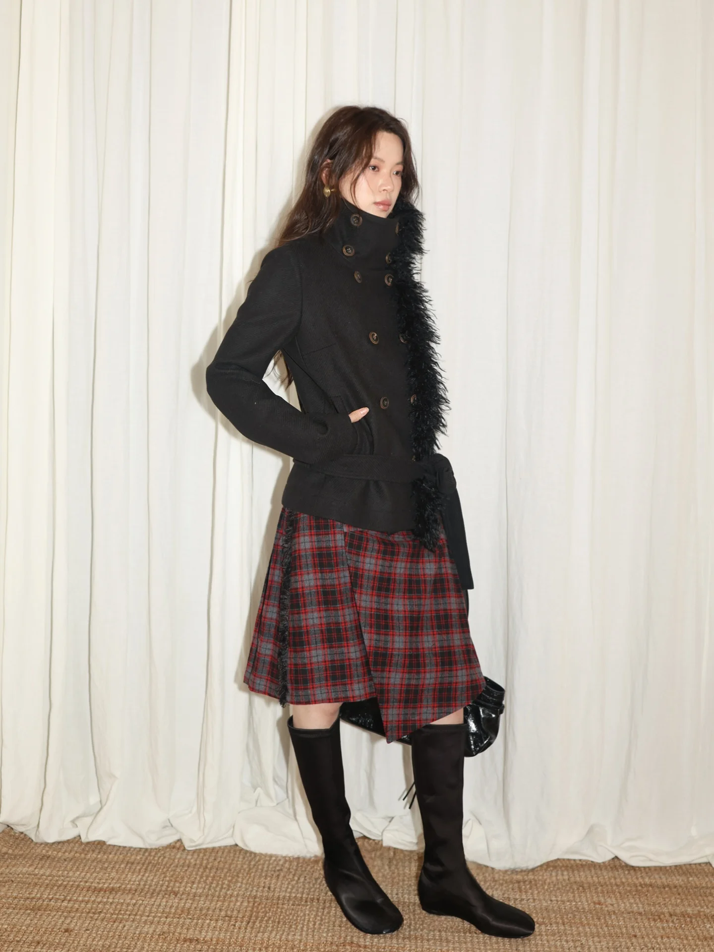 

Warm Anti-Wrinkle Wool Blend Half Skirt Tassel Patchwork Autumn Winter Plaid City Commute Casual Style mid Waist H-Shape