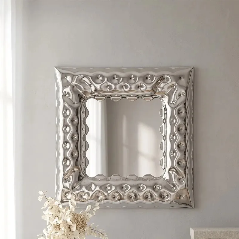 Rectangle Art Deco stainless steel frame wall mirror hollow flower relief