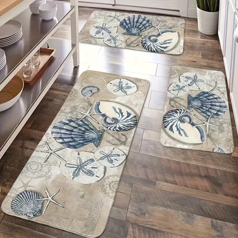 Summer Retro Ocean Kitchen Mat, Conch Shell Decorative Kitchen Mat-Flannel Floor Mats