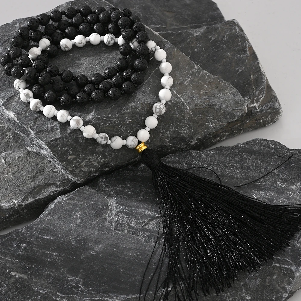 1PC Summer Gothic Vacation Style Black Volcanic Stone White Pine Stone Beaded Men's Tassel Necklace