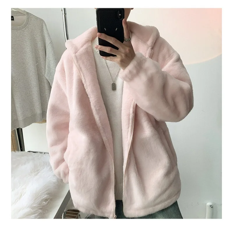 2025 New Winter Faux Lamb Wool Hoodie Jacket for Men Korean Fashion Harajuku Warm Zip Up Hoodie Streetwear Men Clothing Y2k