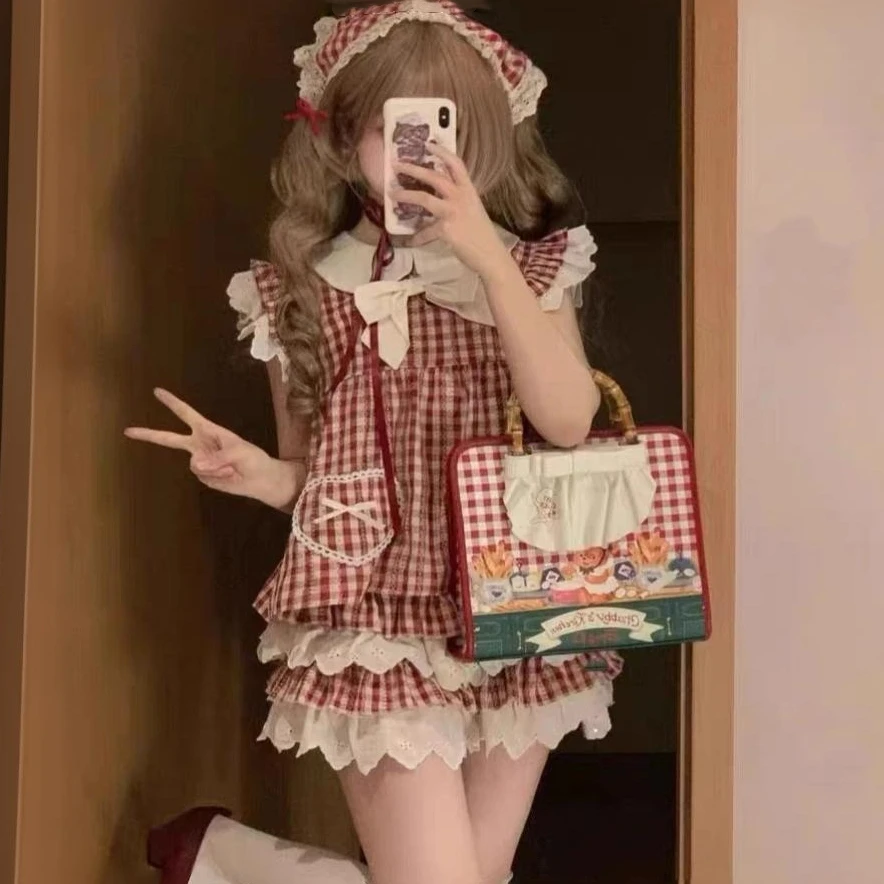 

Милый красный клетчатый хлопковый костюм-двойка большого размера с кружевным воротником и рукавами-фонариками для девочек