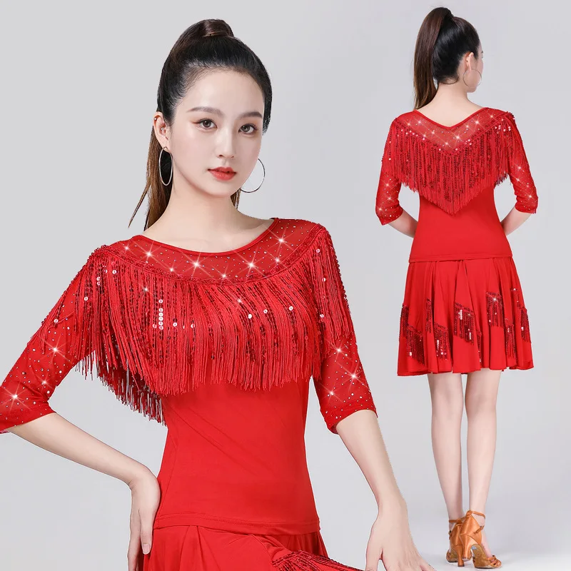 Modern Dance Practice Wear Tassels Latin Dance Top Three-Step Step Dancing Clothes Latin Square Dance Clothes National Standard