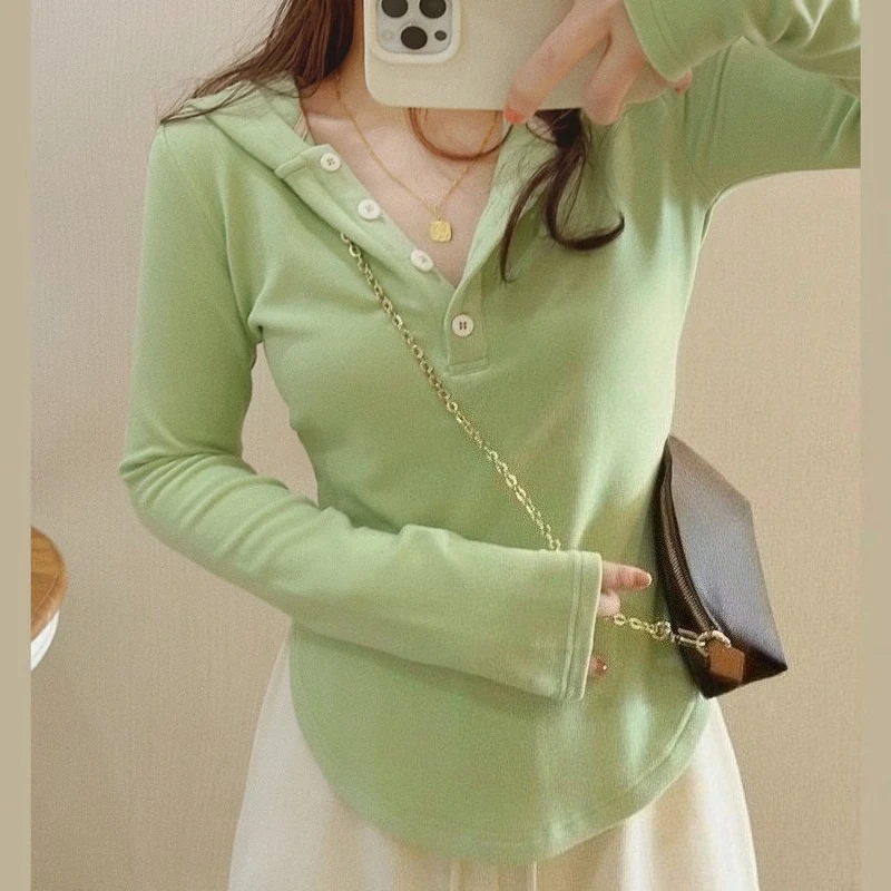 Women Cropped Hoodie Spring Slim Fit Double Fleece Hooded Sweatshirt Long Sleeve Y2k Streetwear Base Layer Top
