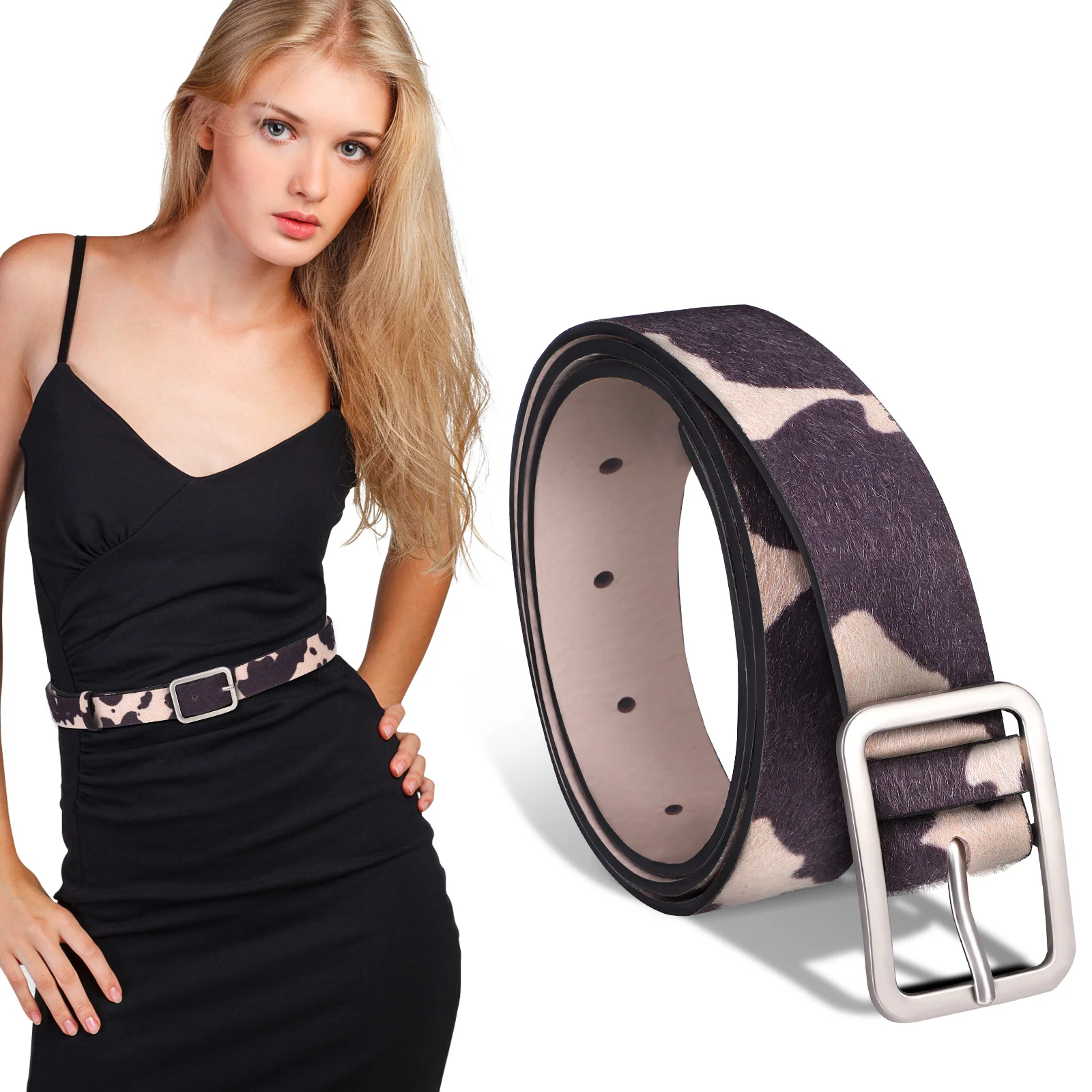 

Cow Print Belt Women Adjustable PU Animal Print Waistband for Jeans Western Style Fashion Belt for Daily Party Wear