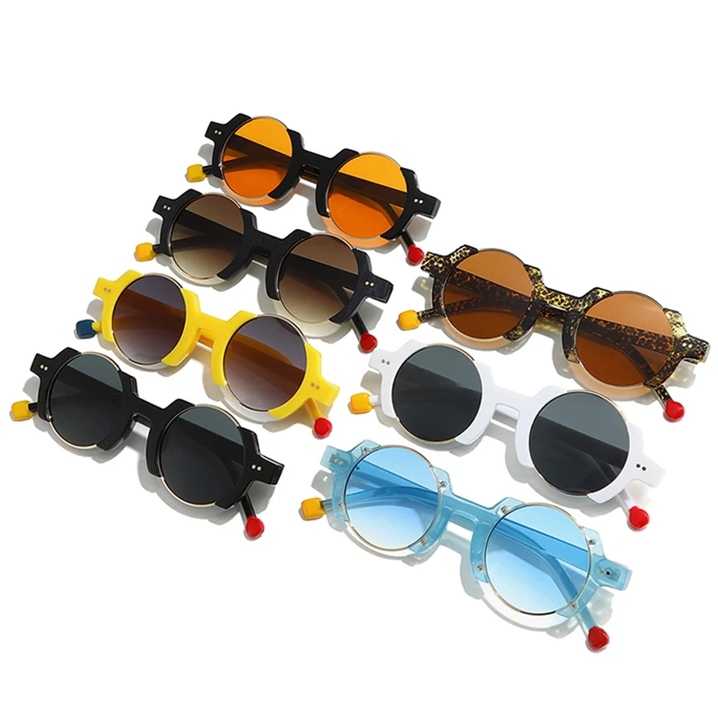 SO i EI Ins popularne modne okrągłe damskie okulary przeciwsłoneczne w stylu punkowym Retro nity mężczyźni modne żółte niebieskie okulary przeciwsłoneczne gradientowe odcienie UV400 — zdjęcie 5