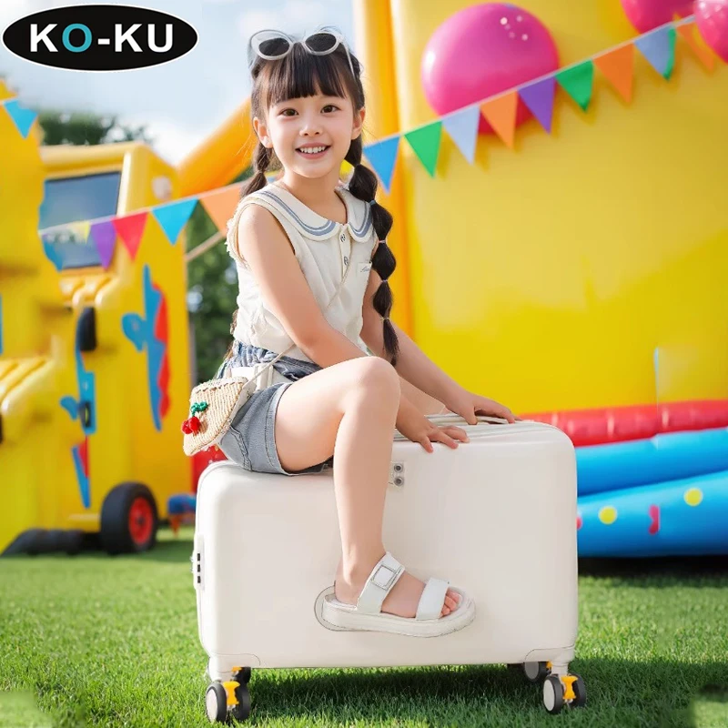 KO-KU18 equipaje para niños puede sentarse y andar, caja de embarque, cubierta de carrito de caballo de madera, rueda de freno Universal, maleta para montar en cabina