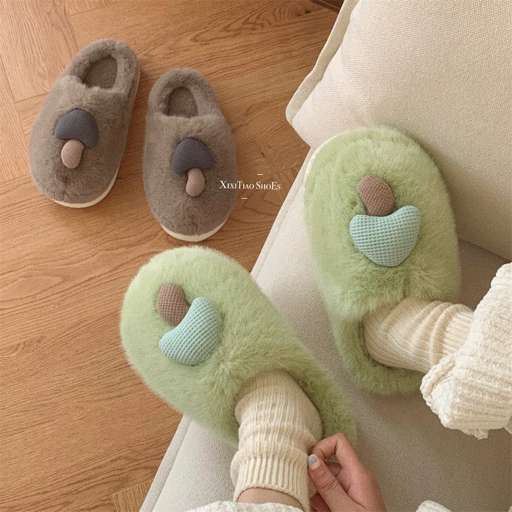 Personality fun plush small mushroom home indoor cotton shoes plush warm casual soft-soled cotton slippers women ins