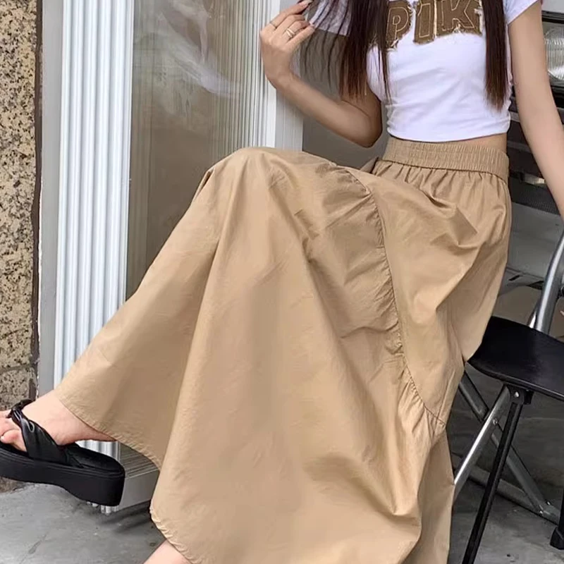 Spring Summer Women Chiffon Skirts Vintage High Waist Elastic Patchwork White Black Chic Long Cake A-line Skirt for Student