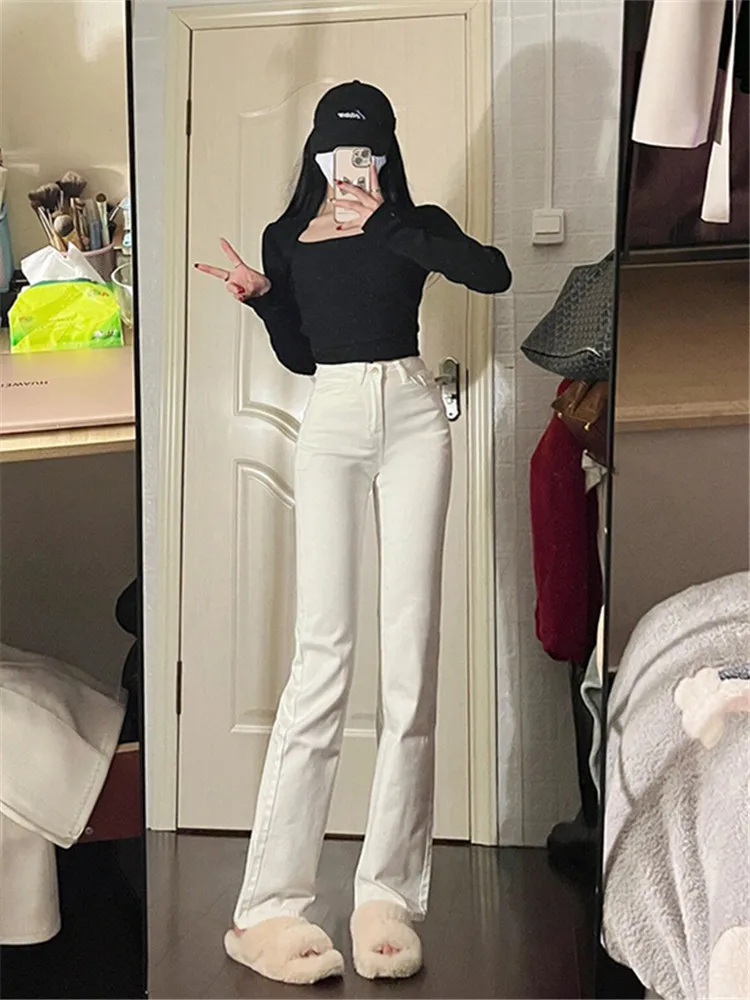 

High Waist Flared Jeans Women's Spring Autumn Slimming Stretch Floor-Length Pants Ultra Long 180 White Denim Trousers