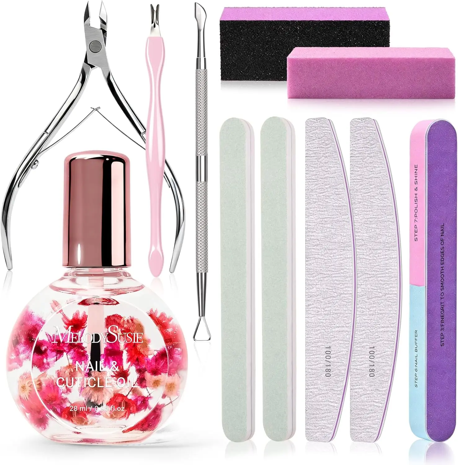 

Professional Nail Care Kit with Files, Buffer Blocks, Cuticle Nipper, Pusher and Rose Oil for DIY Manicure