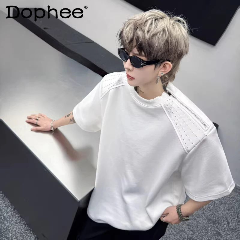 

Men's 2026 Summer New High-end Round Neck Short-sleeve T-shirts Men's Handmade Beaded Zipper Decorative Design Half-sleeve Tees