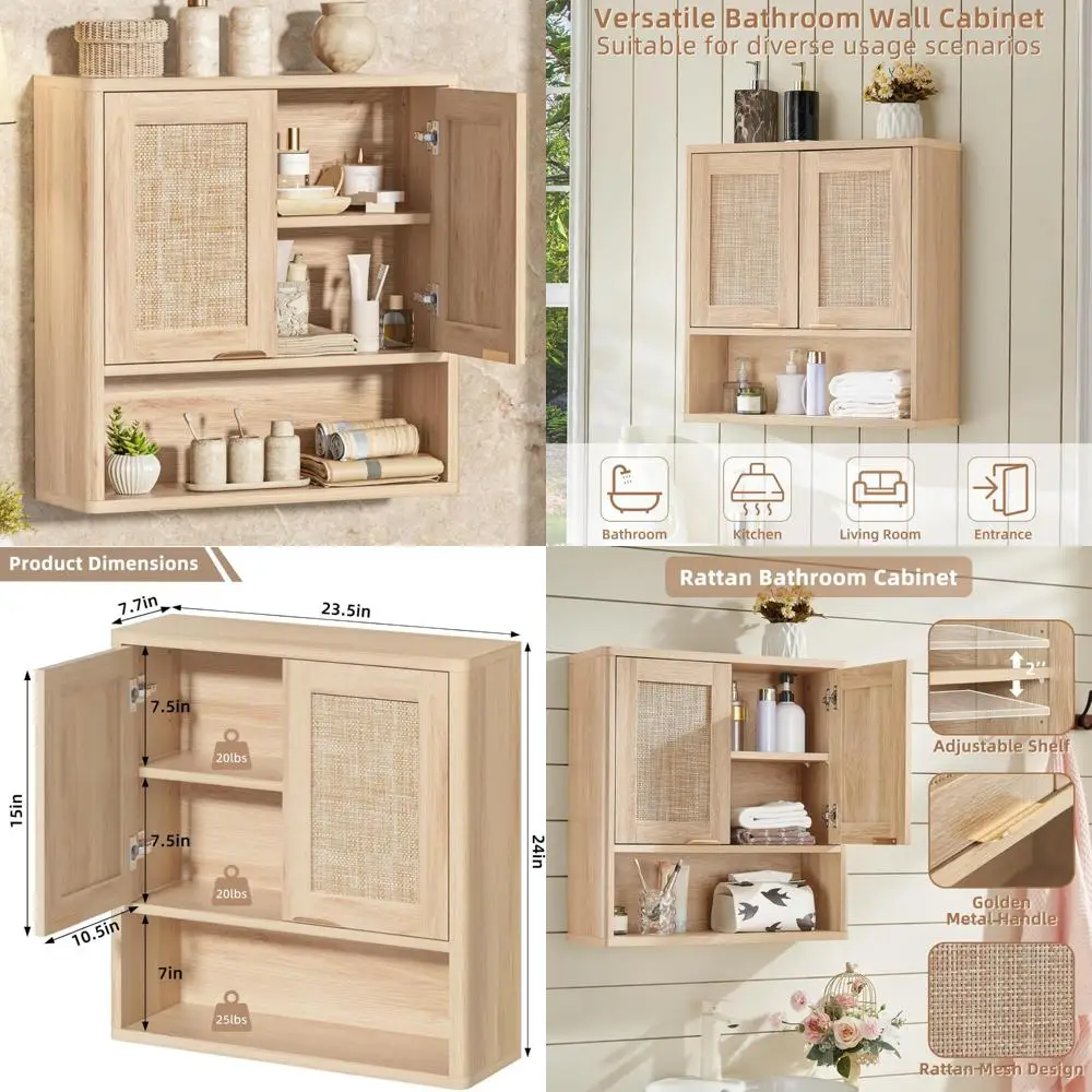 

Rattan Boho Style Bathroom Wall Cabinet with Adjustable Shelf and Door, Over Toilet Storage Organizer