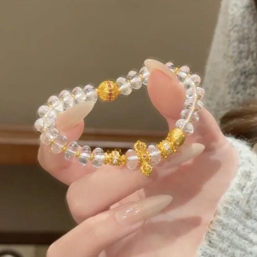 24k Gold Plated Chinese Traditional Feng Shui Lucky Clear Quartz Bracelet Vajra Meteorite Star Charm Blessing Wealth Good Luck