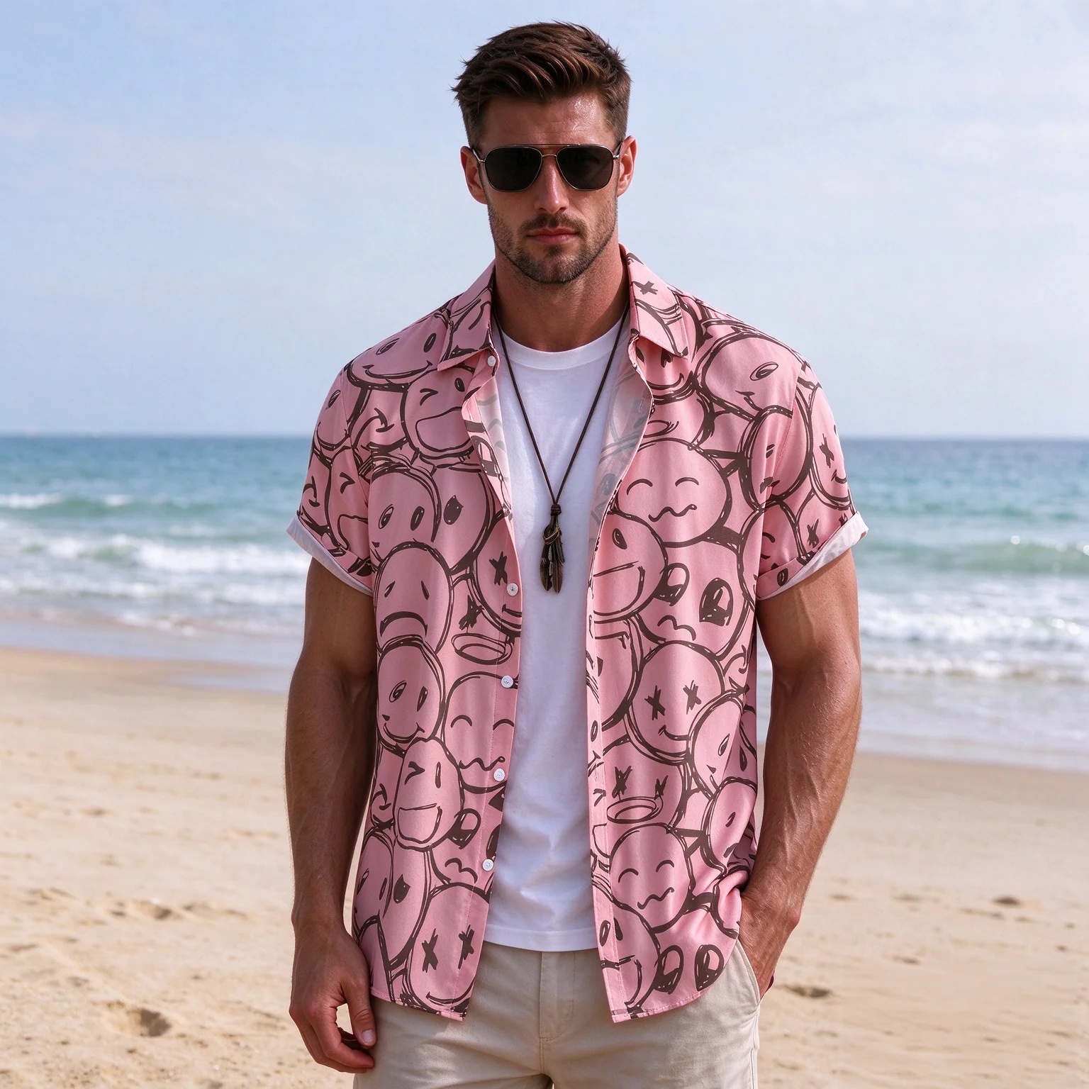 Hot Sale Men 3D Print Polyester Shirt, quick-dryHot SaleStylish Comfortable Short Sleeve Lapel Smiley Face Casual Button Up Top