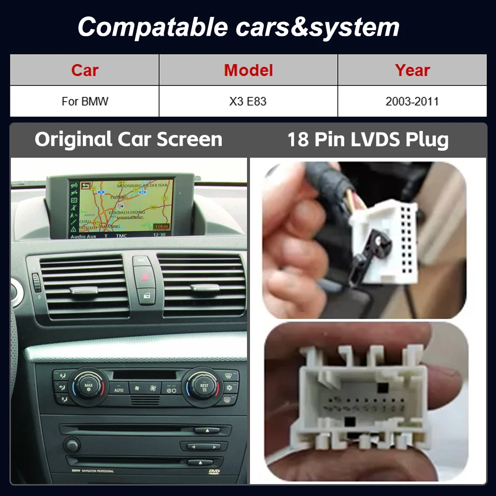 Radio de coche inalámbrico CarPlay Android Auto de 10.25 pulgadas para BMW X3 E83 2003-2011 con pantalla original del coche, reproductor multimedia inteligente con pantalla táctil, Airplay, Autolink, Mirror Link, WiFi, Bluetooth, GPS, navegación. 2