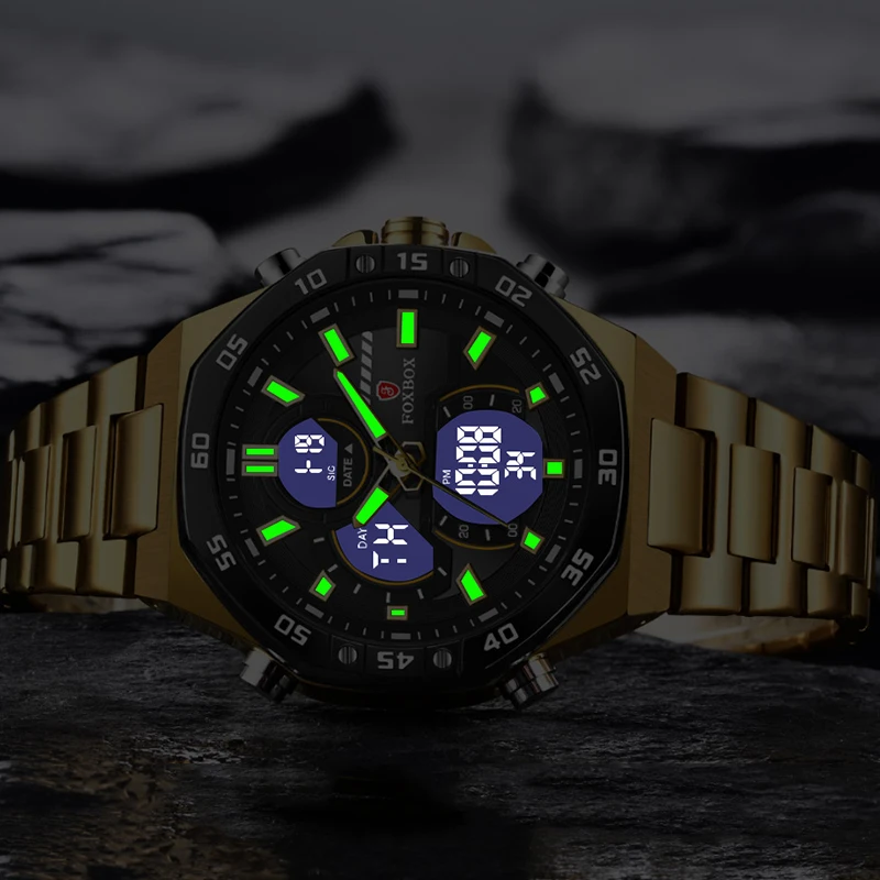 FOXBOX Dual Display Watch Men Sport Waterproof Chronograph Clock Male Army Military Digital Watch For Men Relogios Masculino+BOX