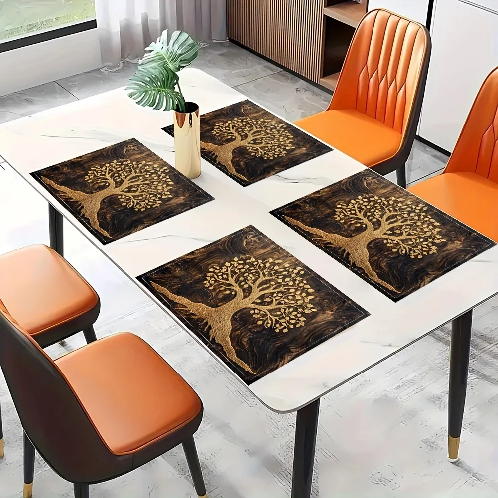Vintage Dark Wood Grain Golden Tree of Life Print Rectangular Placemats Set Luxury Modern Dining Table Decor Mats 4PC 6PC 8PC
