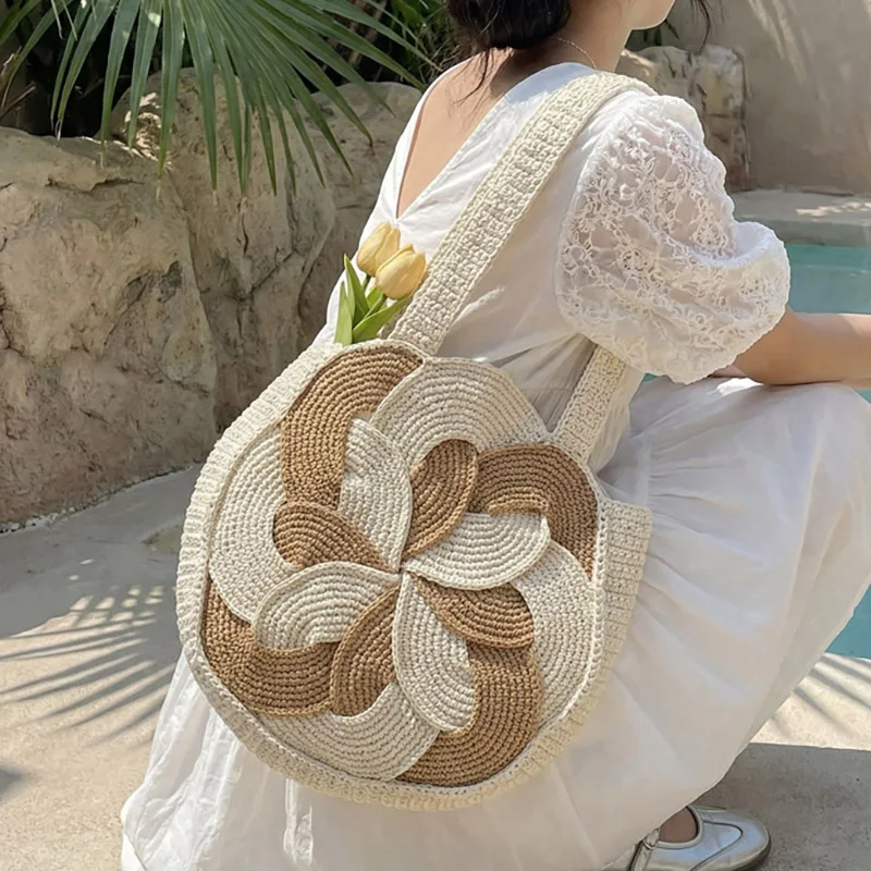 

Плетеная сумка-тоут уникального дизайна для женщин, повседневная, большая вместимость, на одно плечо, весна 2026, новая модель, с цветочным узором, из ткани