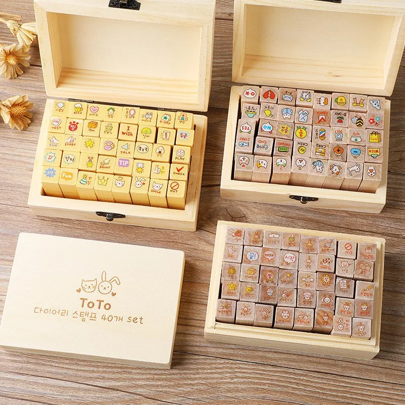 Creative Stationery Cute Rabbit Cat Wooden Box Diary Seal Handbook Decoration Set 40 Pieces 4 Choices