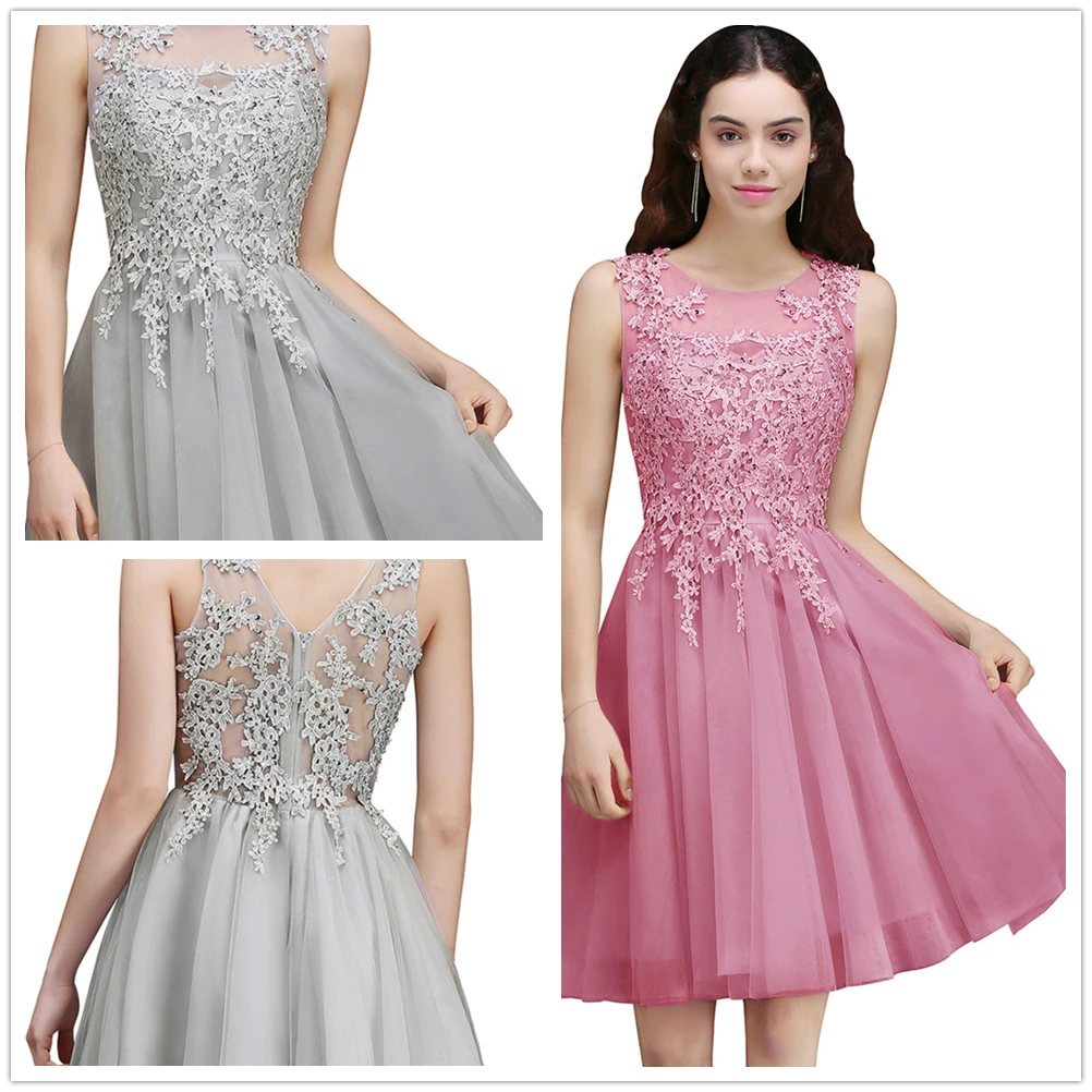 

New Style Homecoming Dress Illusion Neckline Sleeveless Floral Appqulies Evening Dress With Integrated Cup Tulle Skirt A-line