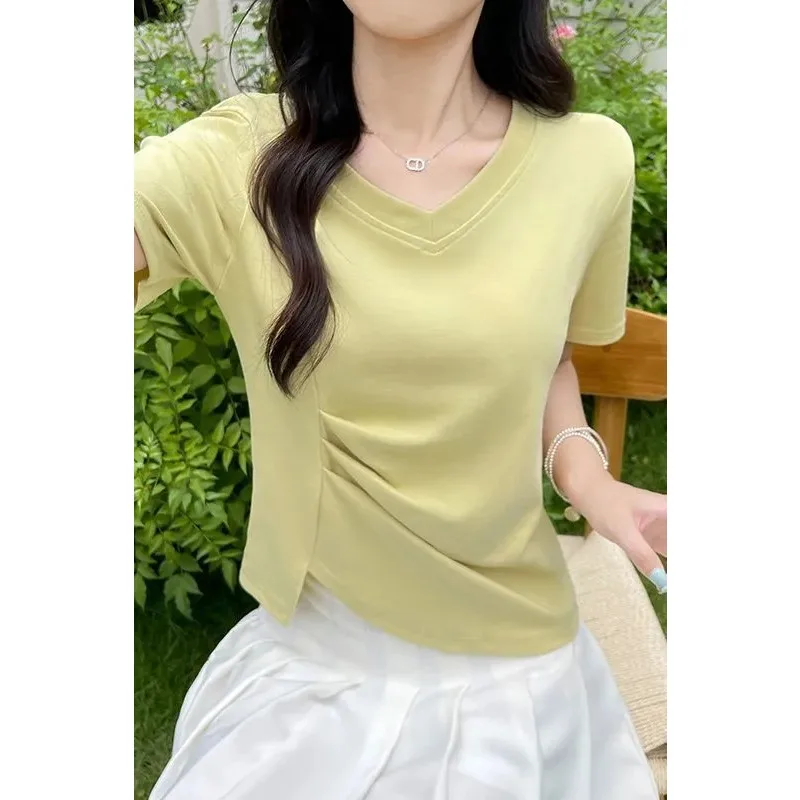 

Summer Women's T Shirt V Neck Short Sleeve Ruched Side Asymmetric Hem Casual Tops