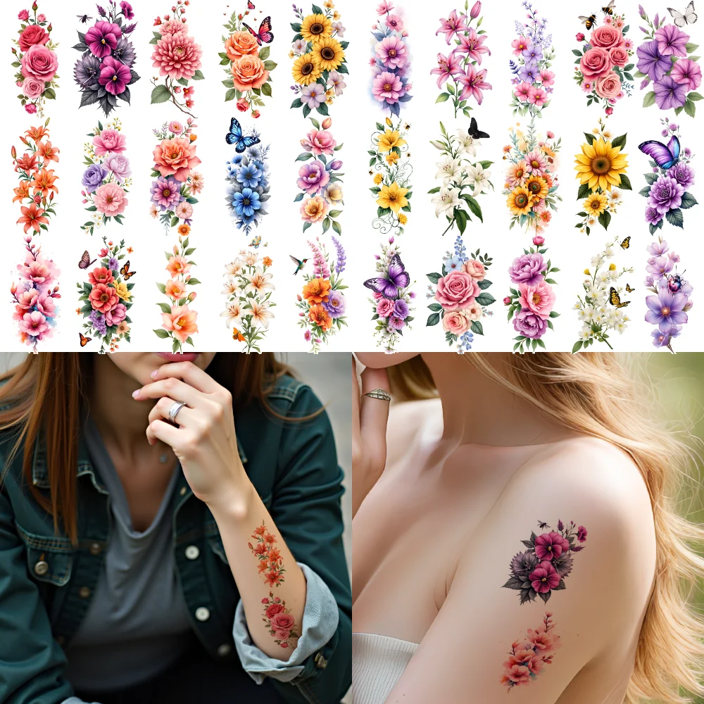 28pcs Temporary Tattoo Floral Patterns Waterproof Long-lasting Body Stickers Butterflies Colorful For Shoulders Thighs Male