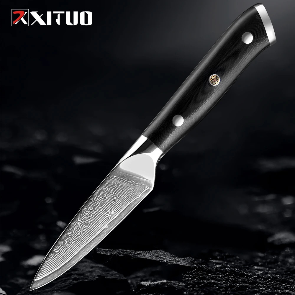 

Japanese Paring Knife VG10 Damascus Super Steel Small Kitchen Fruit Knife Razor Sharp Peeling Knife Full Tang Black G10 Handle